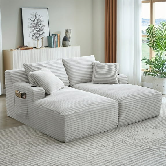 Aukfa Oversized Double Chaise Lounge Modular Boneless Couch, 2 Cup Holders, 4 Throw Pillows, Light Gray