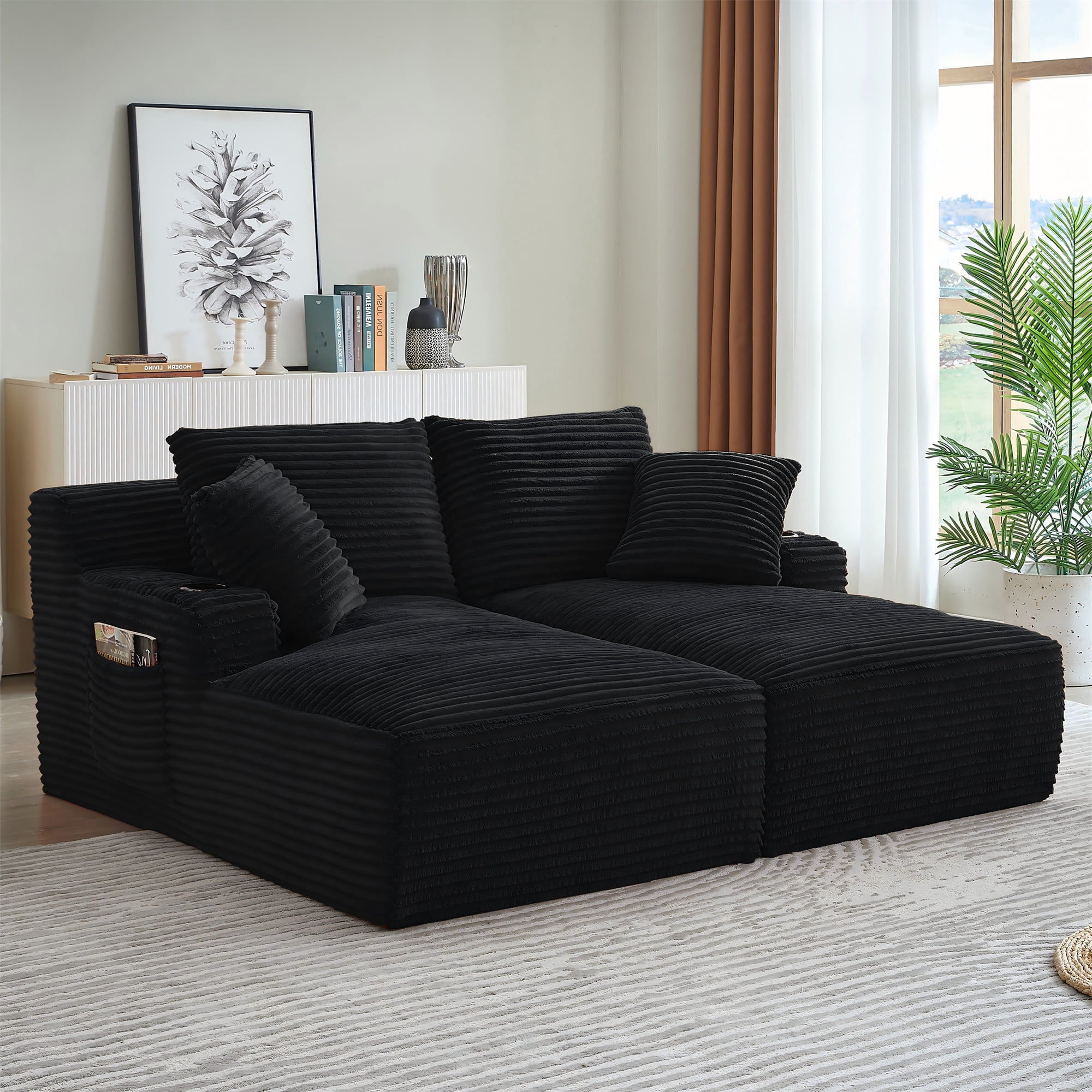 Aukfa Oversized Double Chaise Lounge Modular Boneless Couch for Living Room, 2 Cup Holders, 4 Pillows, Corduroy, Black