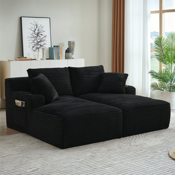 Aukfa Oversized Double Chaise Lounge Modular Boneless Couch for Living Room, 2 Cup Holders, 4 Pillows, Corduroy, Black