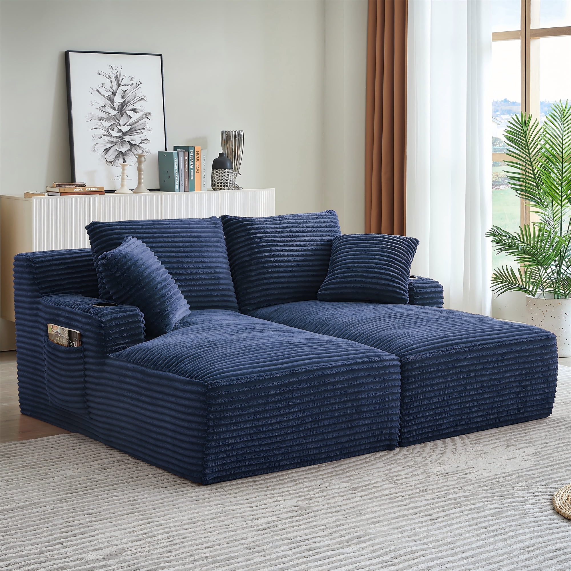 Aukfa Oversized Double Chaise Lounge Modular Boneless Couch for Living Room, 2 Cup Holders, 4 Pillows, Corduroy, Blue