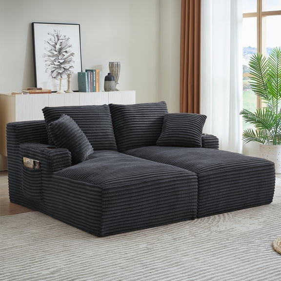 Aukfa Oversized Double Chaise Lounge Modular Boneless Couch for Living Room, 2 Cup Holders, 4 Pillows, Corduroy, Dark Gray