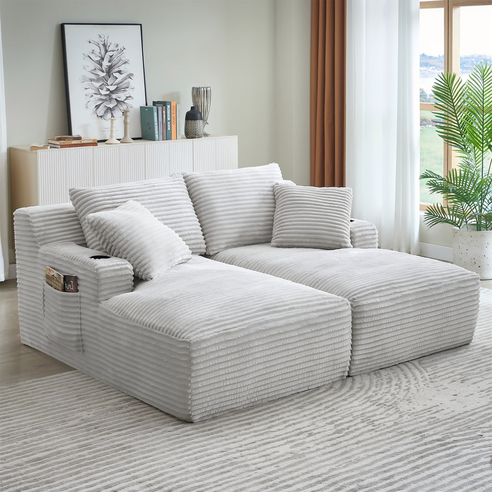 Aukfa Oversized Double Chaise Lounge Modular Boneless Couch for Living Room, 2 Cup Holders, 4 Pillows, Corduroy, Light Gray