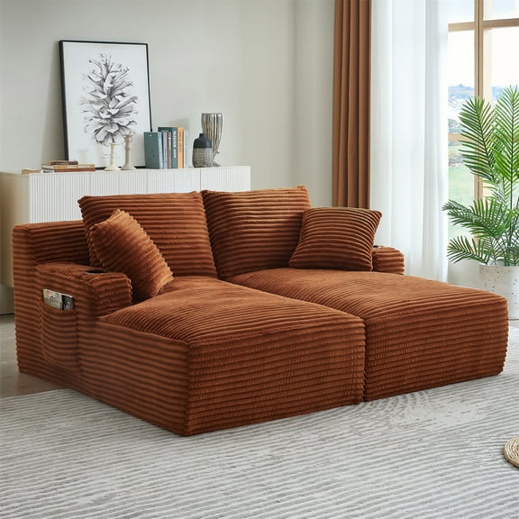 Aukfa Oversized Double Chaise Lounge Modular Boneless Couch for Living Room, 2 Cup Holders, 4 Pillows, Corduroy, Orange