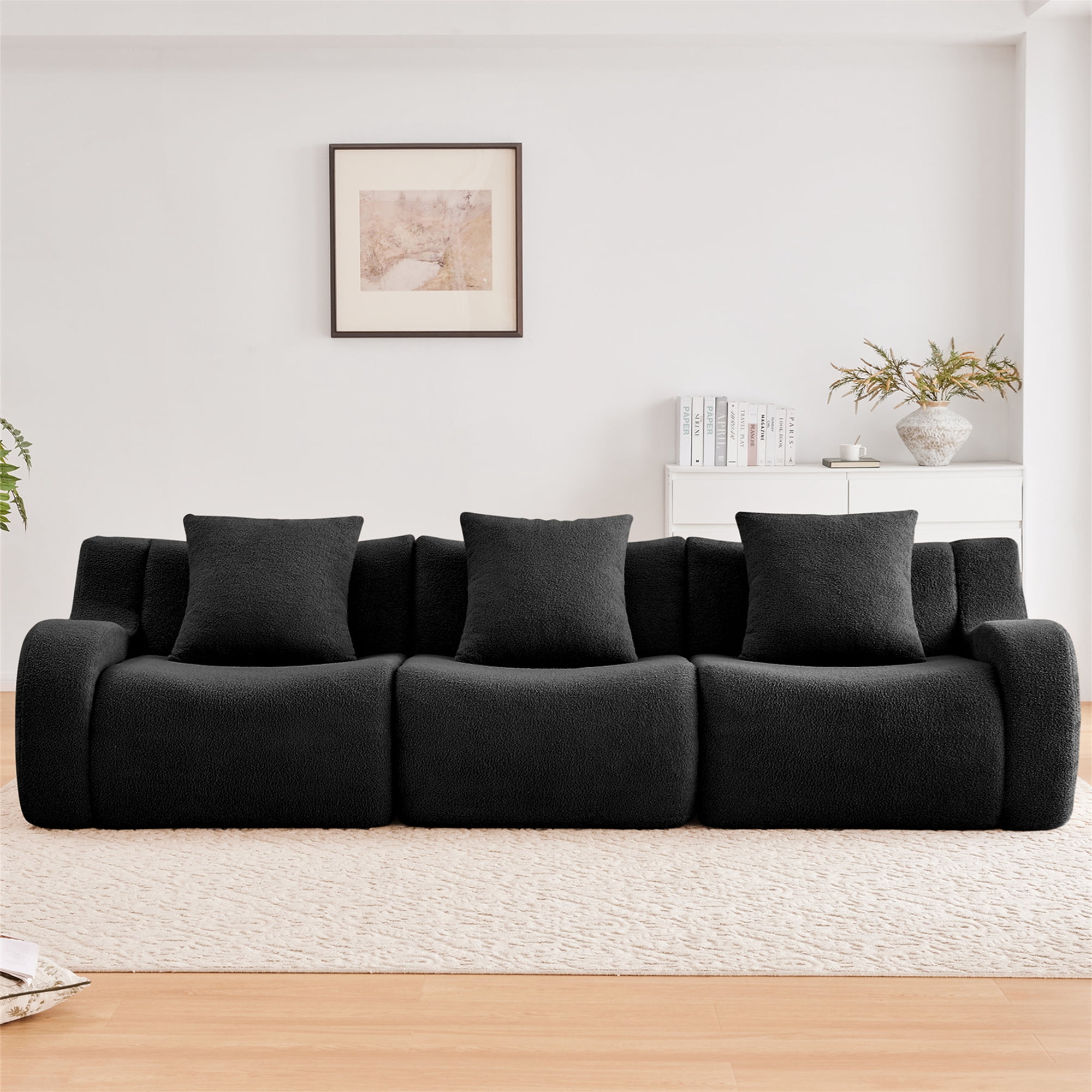 Aukfa 115" Deep Seat Cloud Sofa 3 Seat Modular Boneless Couch for Living Room, 3 Pillows, Teddy Fleece, Black