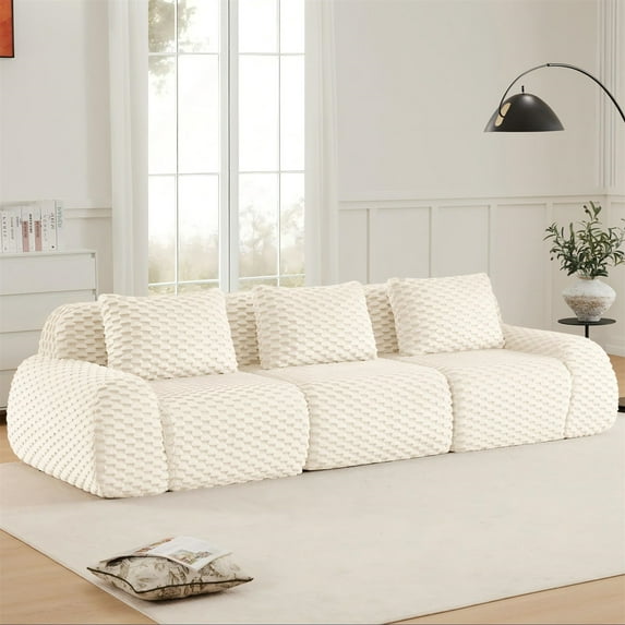 Aukfa 115" Overstuffed Cloud Sectional Sofa 3 Seat Modular Boneless Couch for Living Room, 3 Pillows, Flannel, Cream