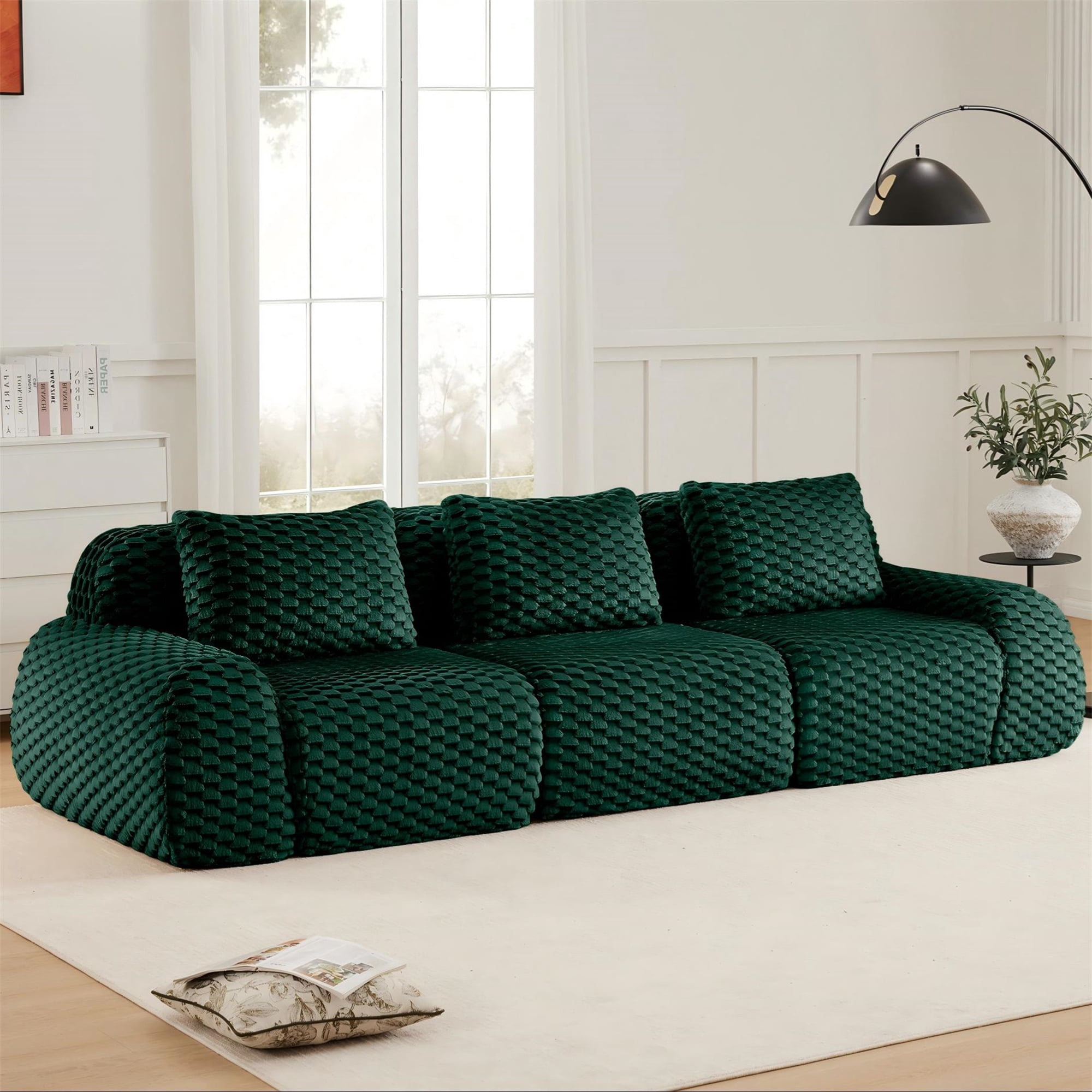 Aukfa Oversized Modular Sofa 3 Seat Boneless Couch, 3 Pillows, No Assembly, Flannel, Green