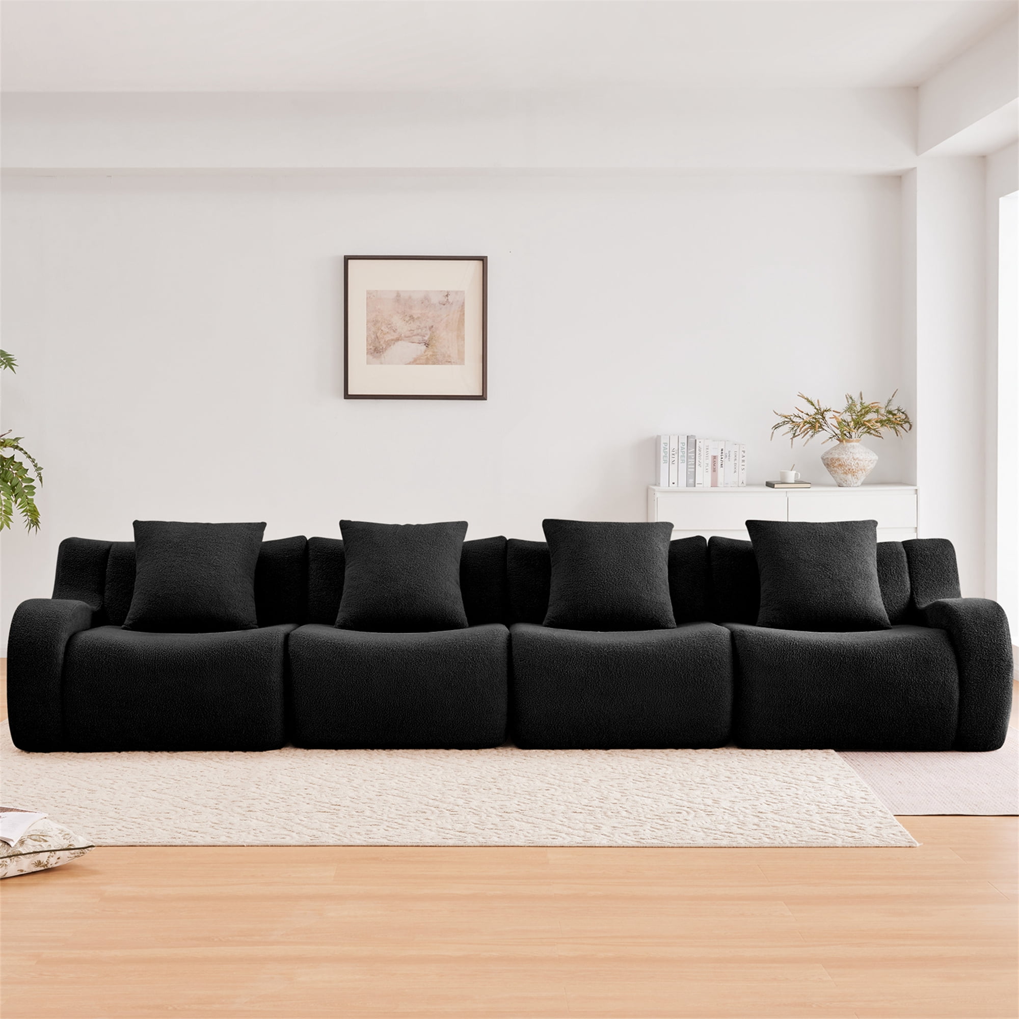 Aukfa 148" Oversized Cloud Sofa Deep Seat 4 Seat Modular Boneless Couch for Living Room, 4 Pillows, Teddy Fleece, Black