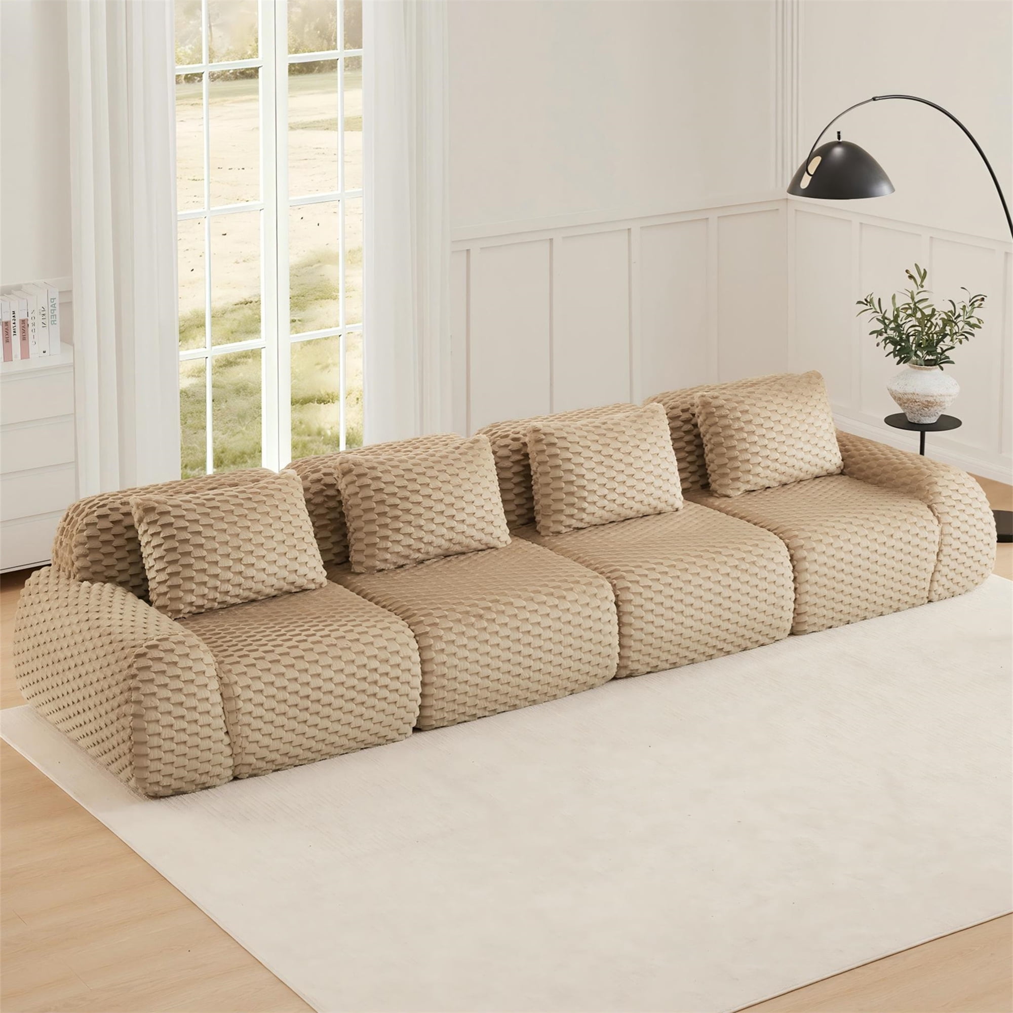 Aukfa 146" Oversized Cloud Sofa Deep Seat 4 Seat Modular Boneless Couch for Living Room, 4 Pillows, Flannel, Camel