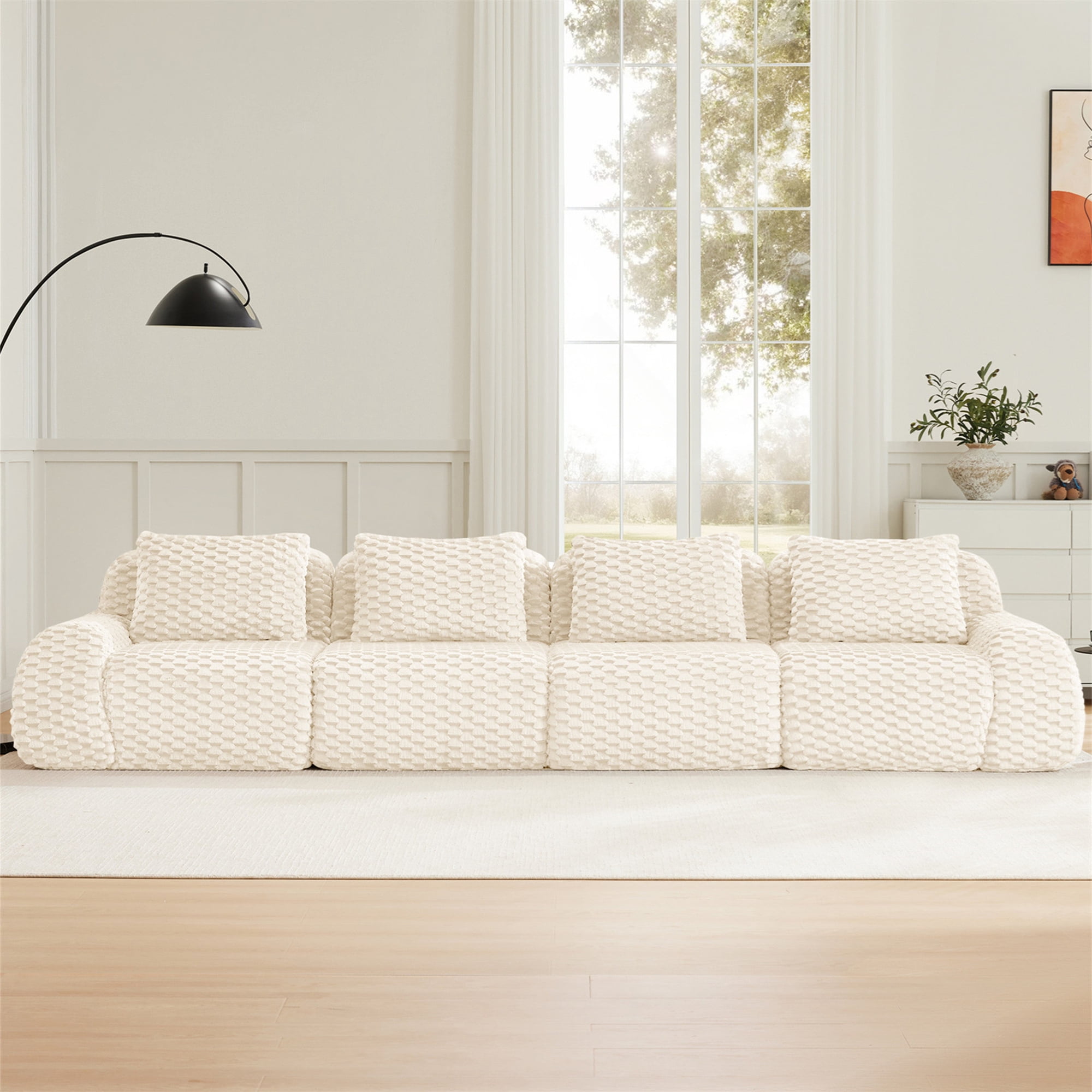Aukfa 146" Oversized Cloud Sofa Deep Seat 4 Seat Modular Boneless Couch for Living Room, 4 Pillows, Flannel, Cream