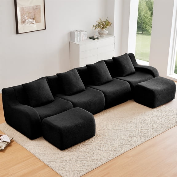 Aukfa 148" Oversized Cloud Sectional Sofa 6 Seat U shape Modular Boneless Couch for Living Room, 4 Pillows, Teddy Fleece, Black