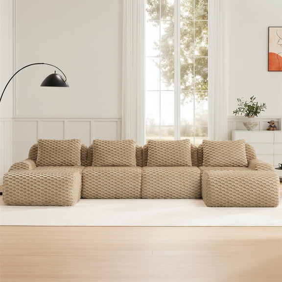 Aukfa 146" Oversized Cloud Sectional Sofa 4 Seat U Shape Modular Boneless Couch for Living Room, 4 Pillows, Flannel, Camel