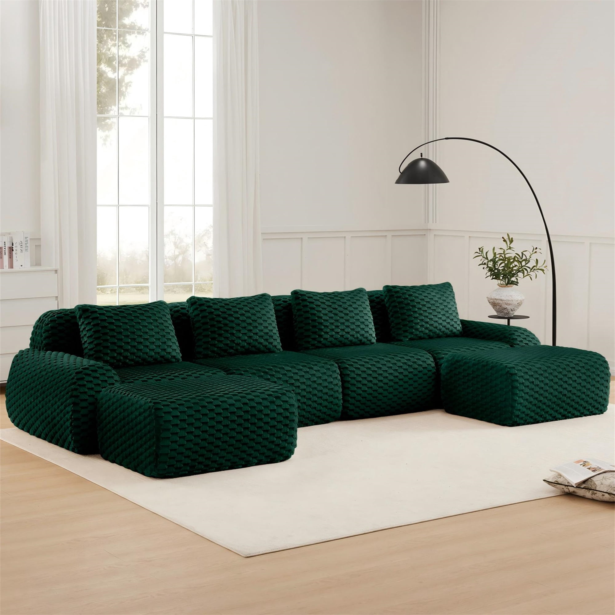 Aukfa Oversized Modular Sofa 4 Seat Couch with 2 Ottoman, 4 Pillows, No Assembly, Flannel, Green