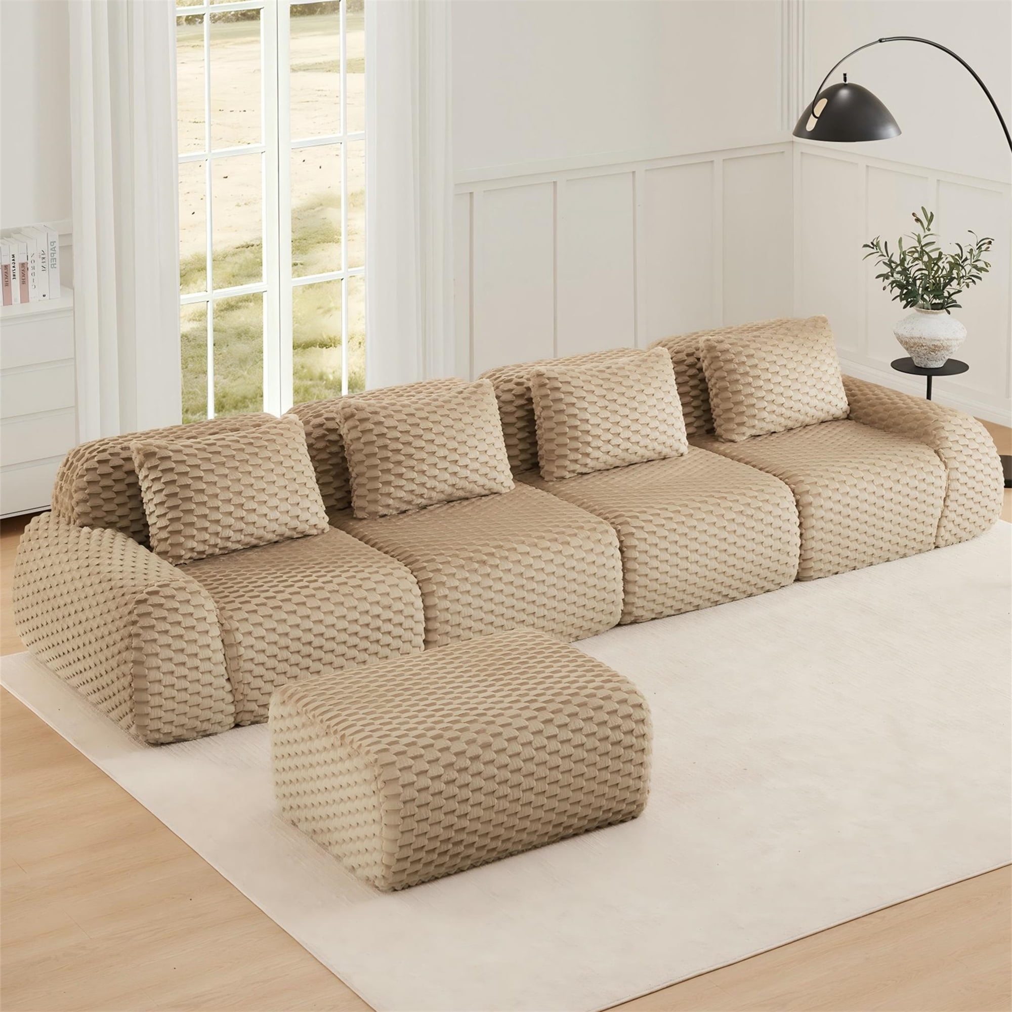Aukfa 146" Oversized Cloud Sectional Sofa 4 Seat L Shape Modular Boneless Couch for Living Room, 4 Pillows, Flannel, Camel