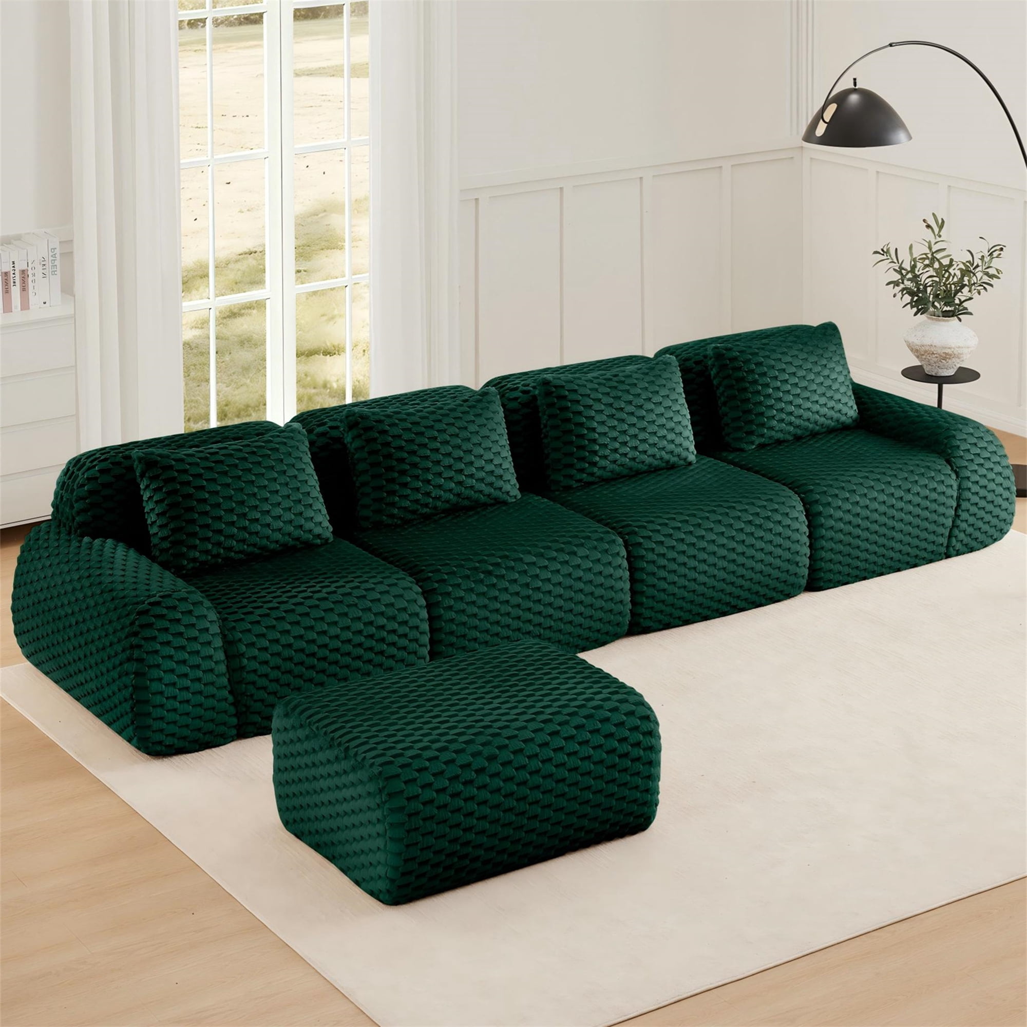 Aukfa Oversized Modular Sofa 4 Seat Couch with Ottoman, 4 Pillows, No Assembly, Flannel, Green