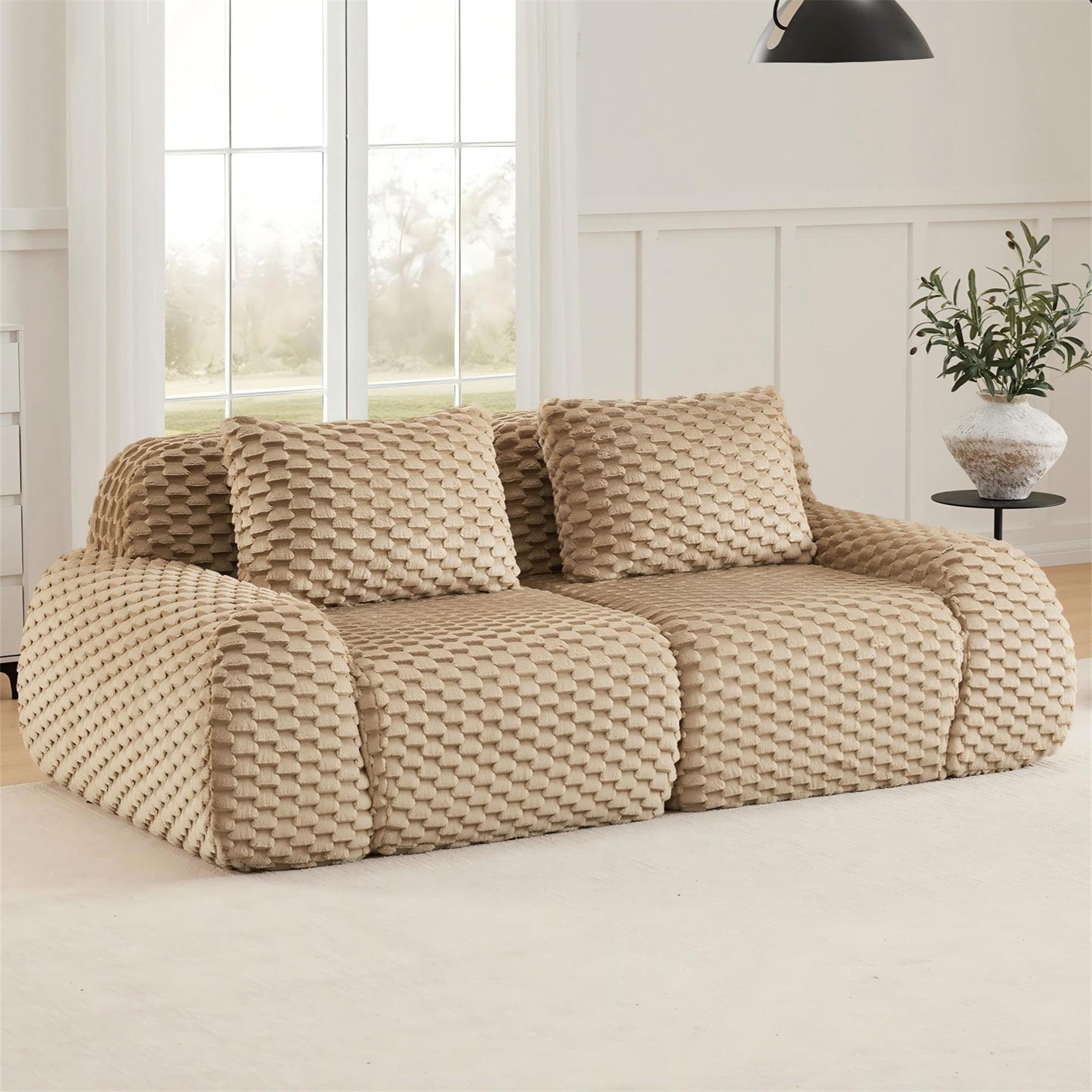 Aukfa 82" Overstuffed Cloud Sectional Sofa Modular Boneless Couch Loveseat for Living Room, 2 Pillows, Flannel, Camel