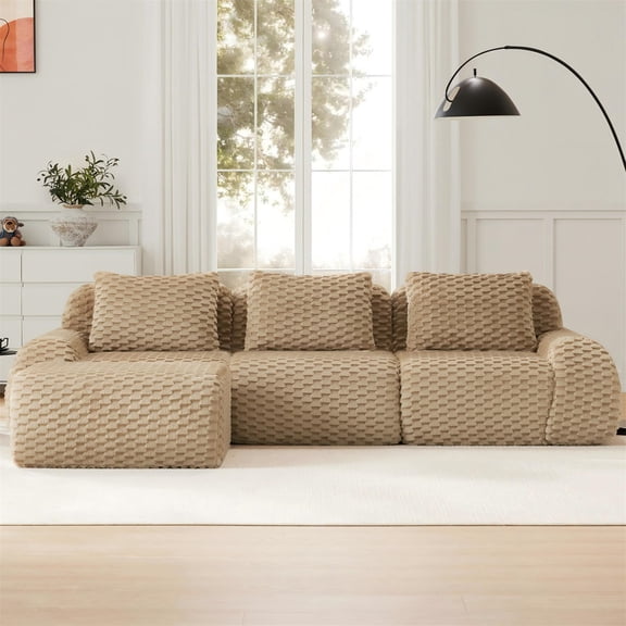 Aukfa Oversized Modular Sofa Overstuffed Sectional Couch with Ottoman, 2 Pillows, No Assembly, Flannel, Camel