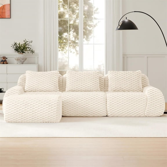 Aukfa Oversized Modular Sofa Overstuffed Sectional Couch with Ottoman, 2 Pillows, No Assembly, Flannel, Cream