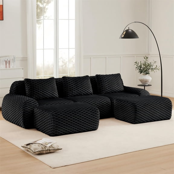 Aukfa 115" Overstuffed Cloud Sectional Sofa U shape Modular Boneless Couch for Living Room, 3 Pillows, Flannel, Black