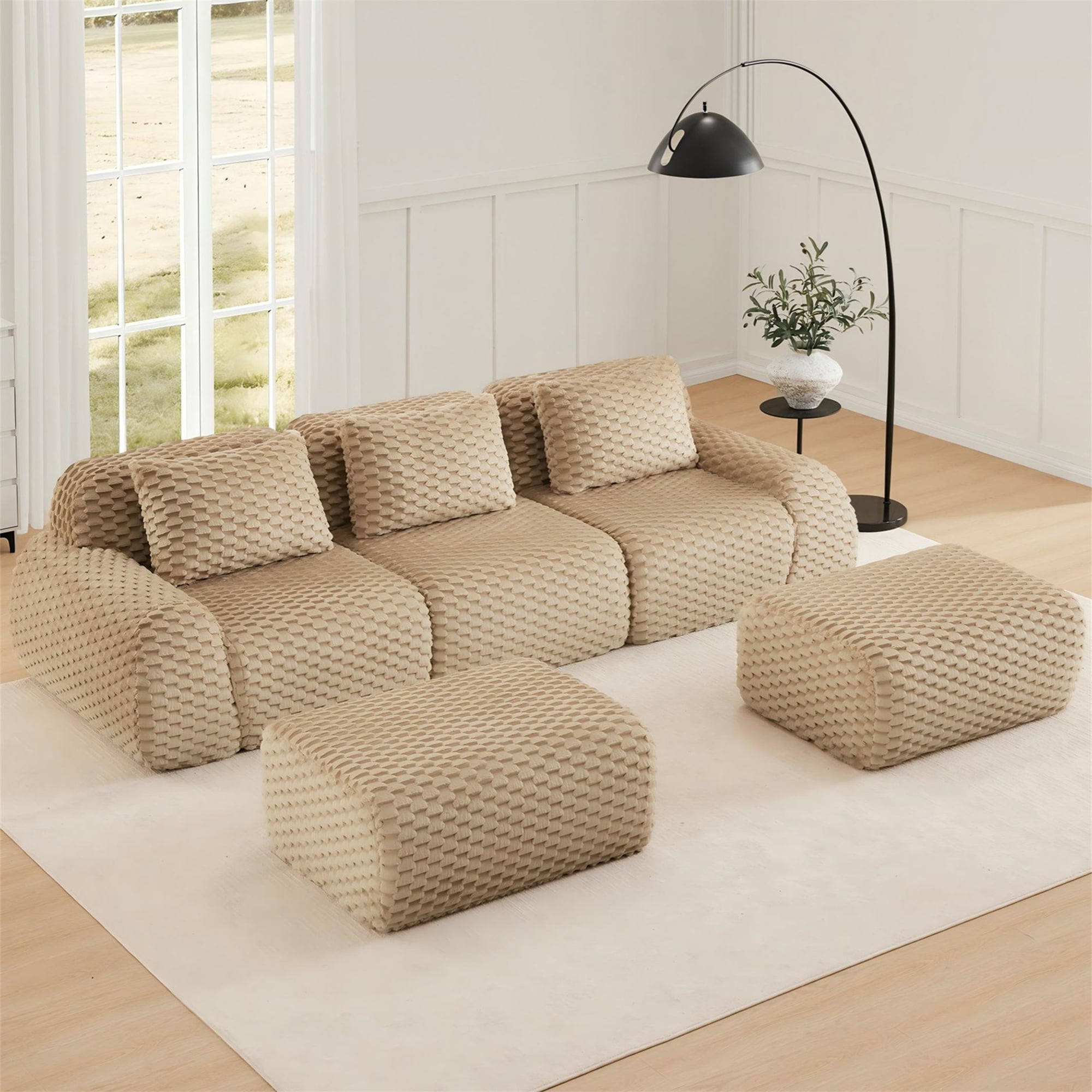 Aukfa 115" U-shape Cloud Sectional Sofa Deep Seat 5 Seat Modular Boneless Couch for Living Room, 3 Pillows, Flannel, Camel