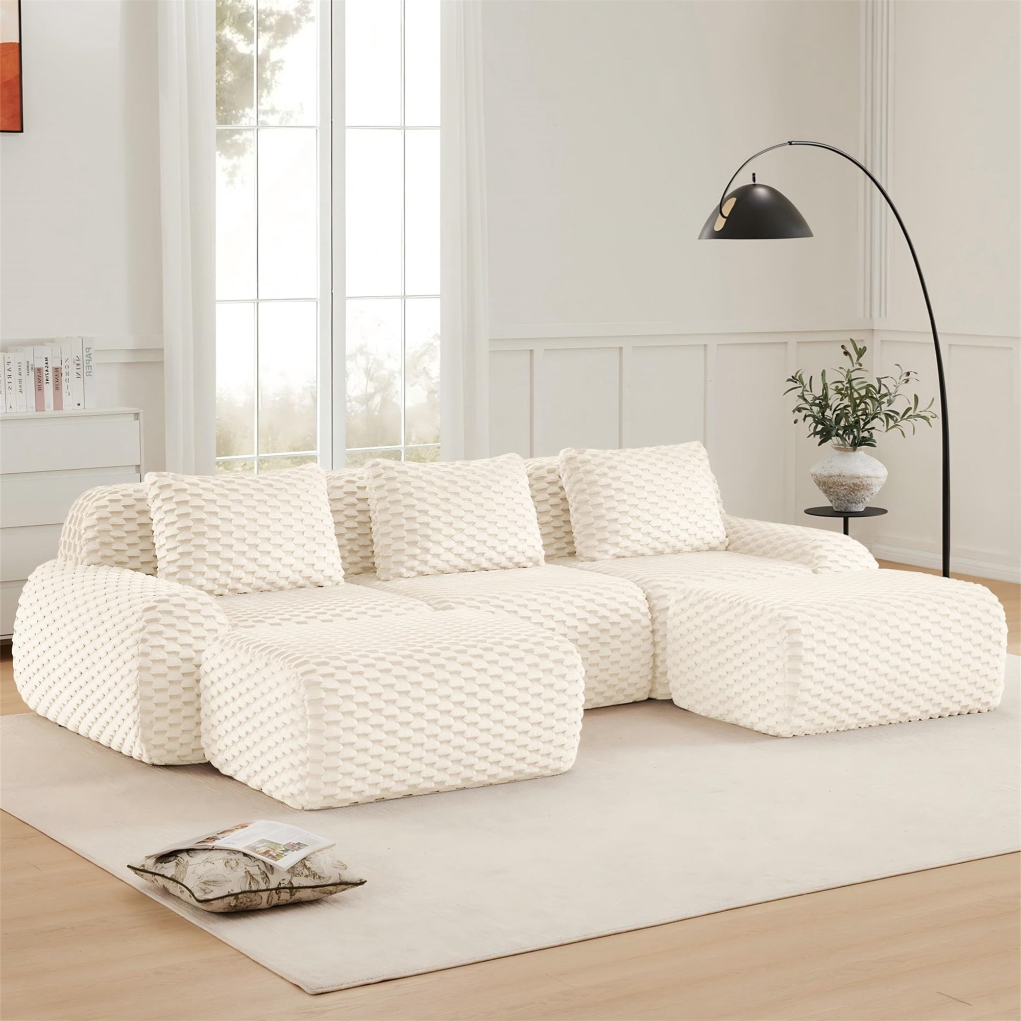 Aukfa Oversized Modular Sofa U shape Sectional Couch with 2 Ottoman, 3 Pillows, No Assembly, Flannel, Cream