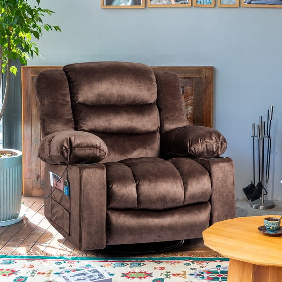 Aukfa Oversized Rocker Massage Chair,Swivel Manual Recliner Chair for Living Room, Heating,Velvet,Brown