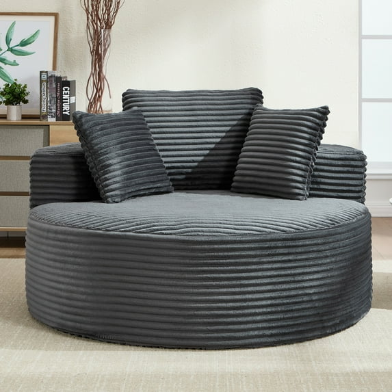 Aukfa Oversized Round Chaise Longue Chair Indoor, 56-inch Upholstered Corduroy Deep Seat Circle Cloud Sofa Chair, Dark Gray