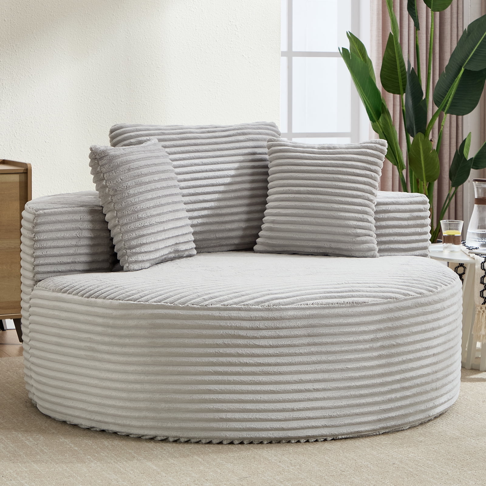 Aukfa Oversized Round Chaise Longue Chair Indoor, 56-inch Upholstered Corduroy Deep Seat Circle Cloud Sofa Chair, Light Gray