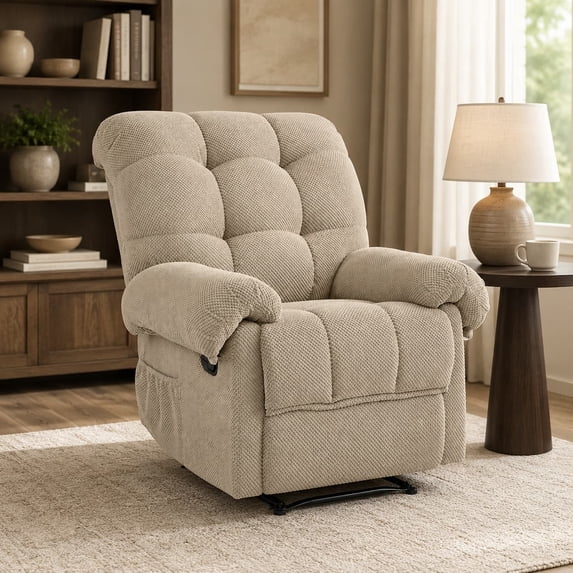 Aukfa Overstuffed Manual Recliner Chair, Upholstered Glider Lounge Armchair with Footrest for Bedroom Reading,Camel