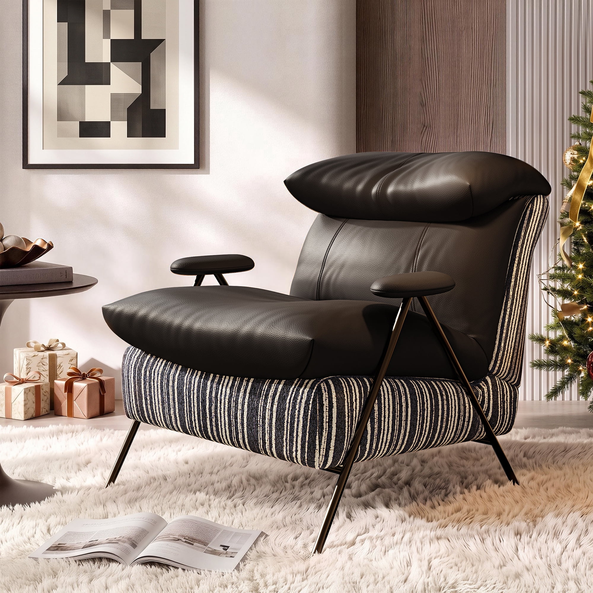 Aukfa PU Accent Chair, Modern Upholstered Armchair with Thick Padded Seat and Back for Living Room & Bedroom, Black
