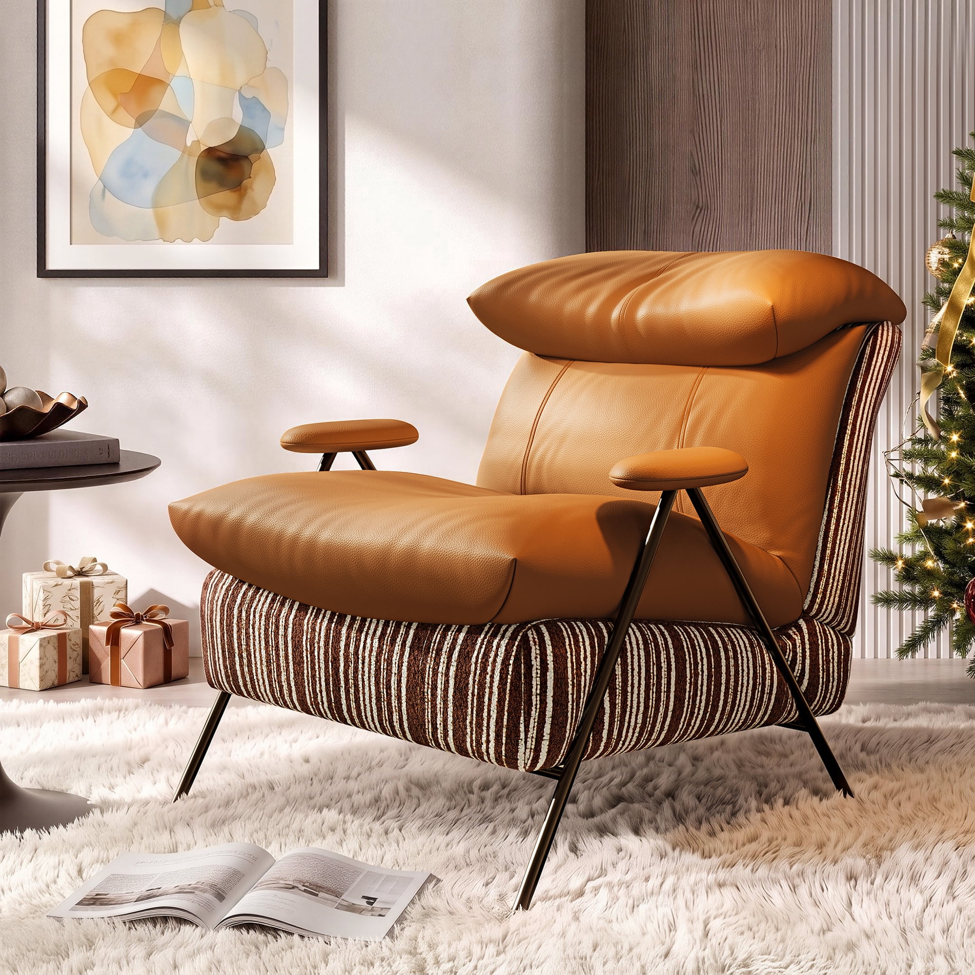 Aukfa PU Accent Chair, Modern Upholstered Armchair with Thick Padded Seat and Back for Living Room & Bedroom, Brown
