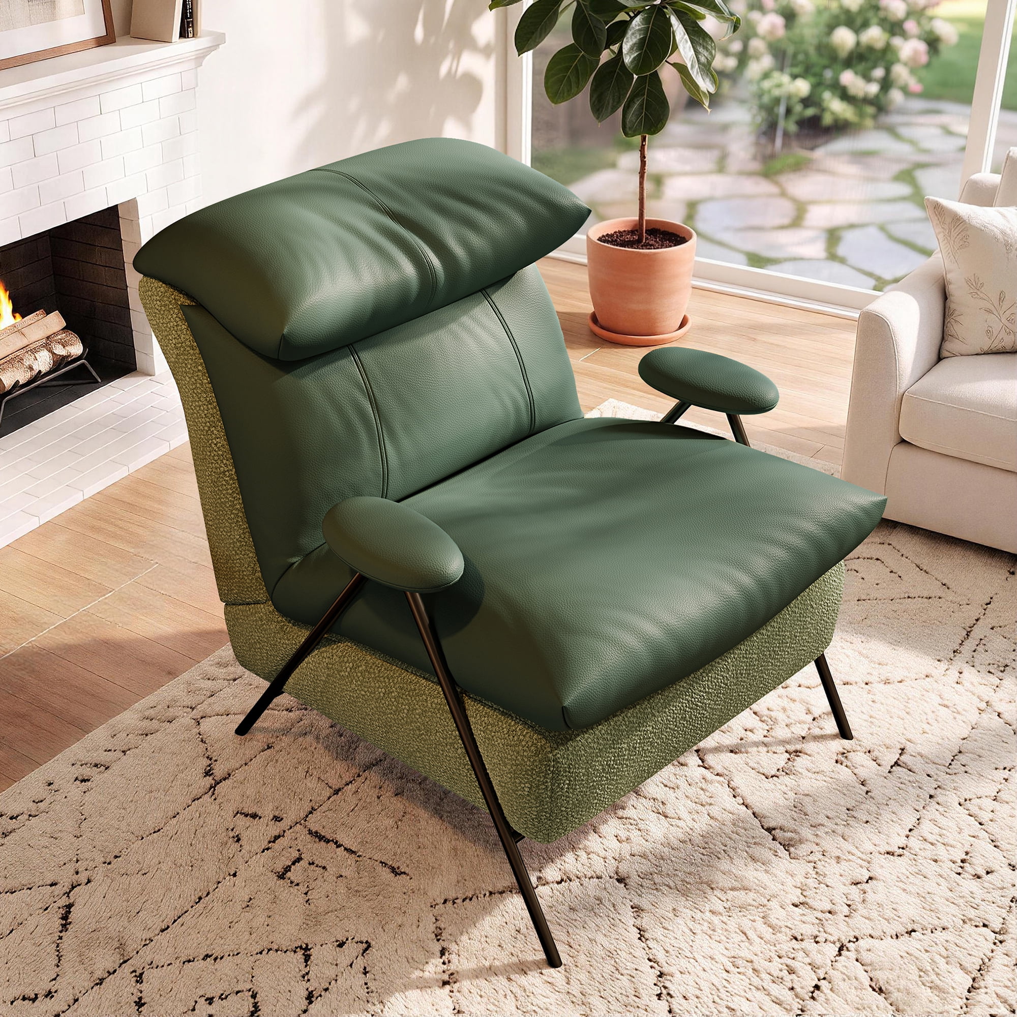 Aukfa PU Accent Chair, Modern Upholstered Armchair with Thick Padded Seat and Back for Living Room & Bedroom, Green
