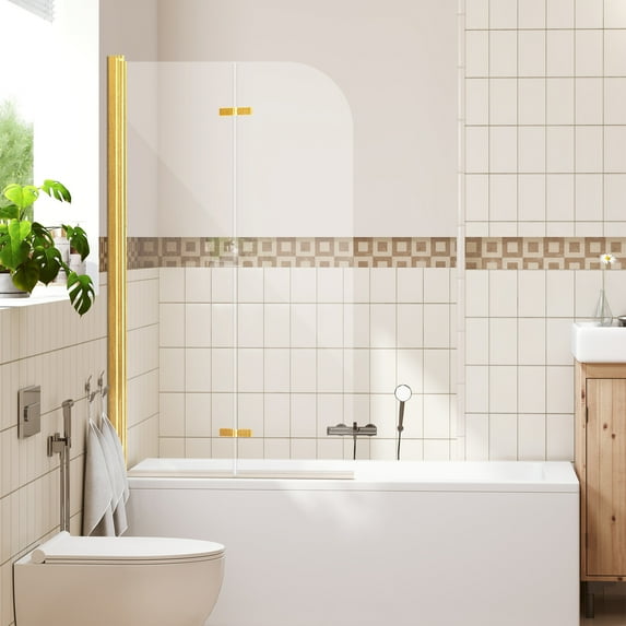 Aukfa Pivot Bifold Shower Door, 34" W x 58" H, 1/4" SGCC Tempered Glass Tub Bathtub Door Panel, Brushed Gold