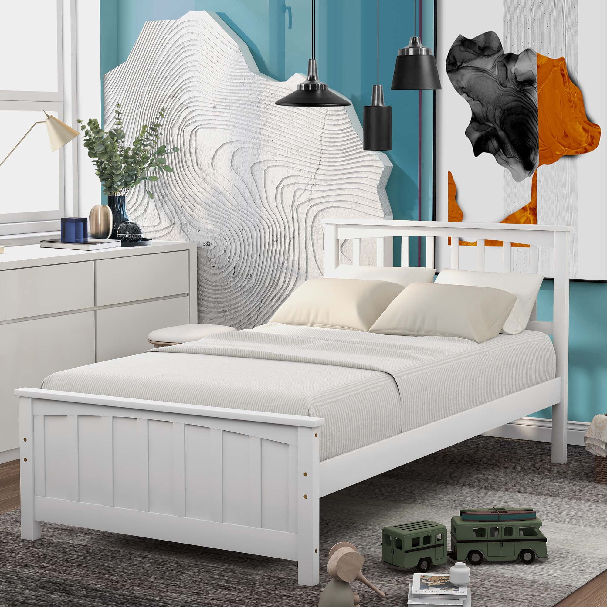 Aukfa Platform Bed, Twin Bed Frame with Headboard, Wooden - White