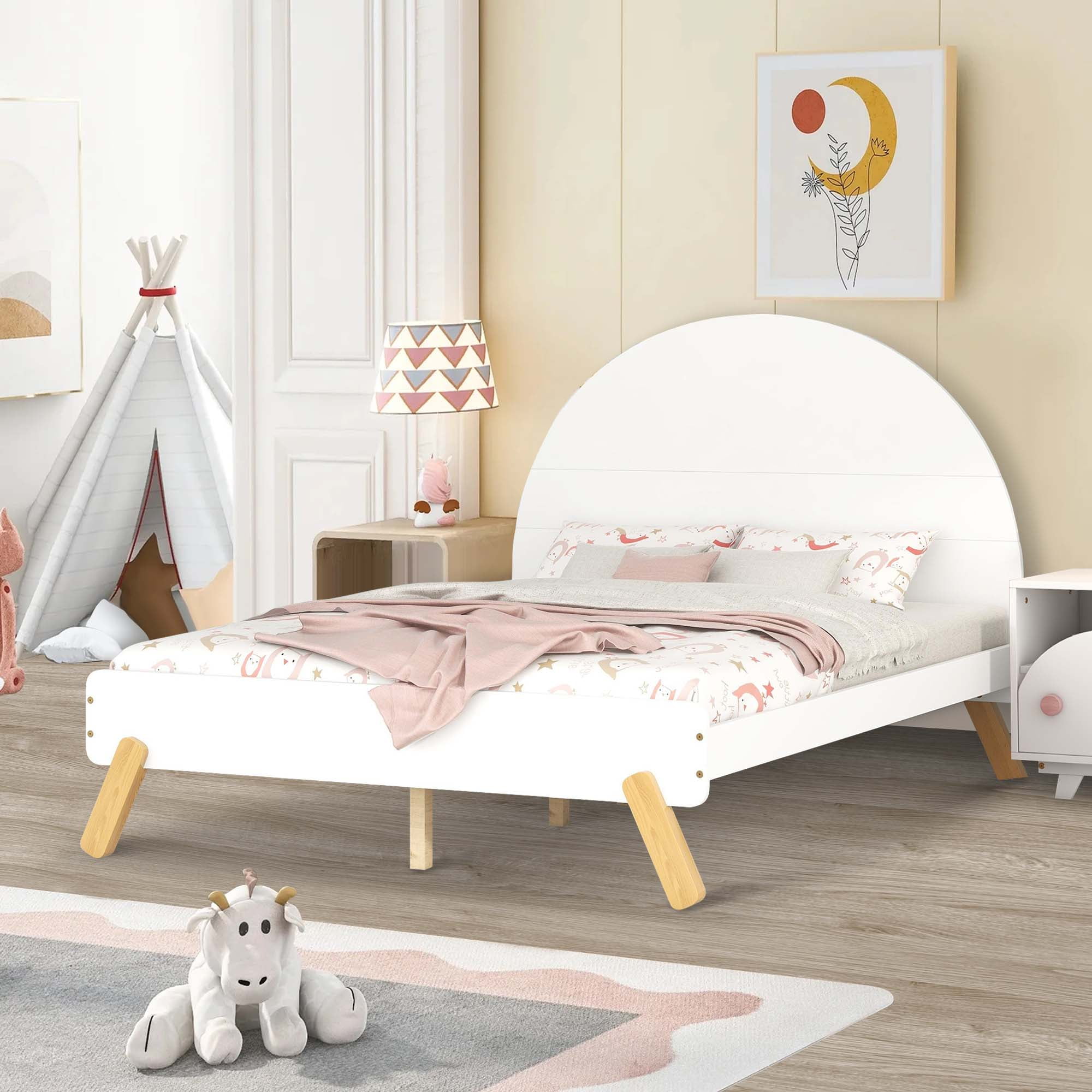 Aukfa Platform Bed for Kids, Full Size Bed Frame with Semi-circular Headboard, Wooden - White