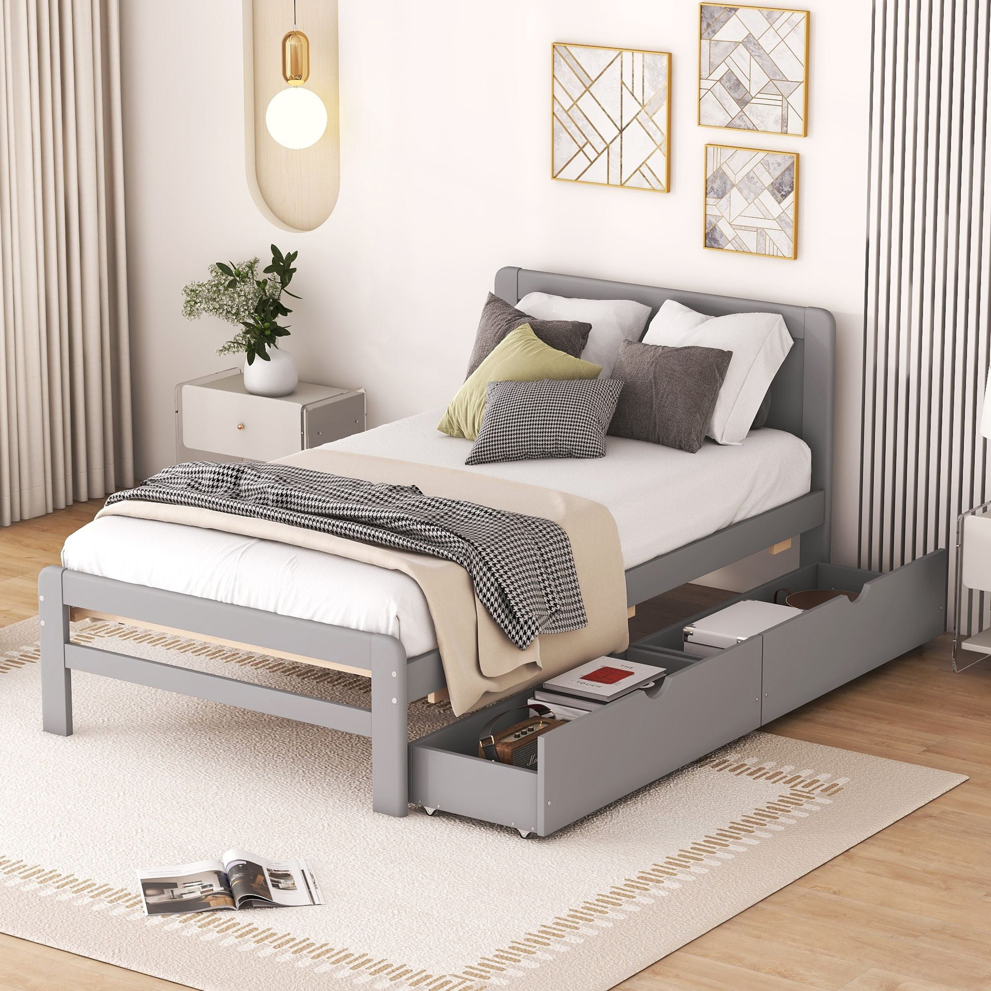 Aukfa Platform Bed with 2 Storage Drawers, Twin Bed Frame with Headboard for Kids, Wood - Gray