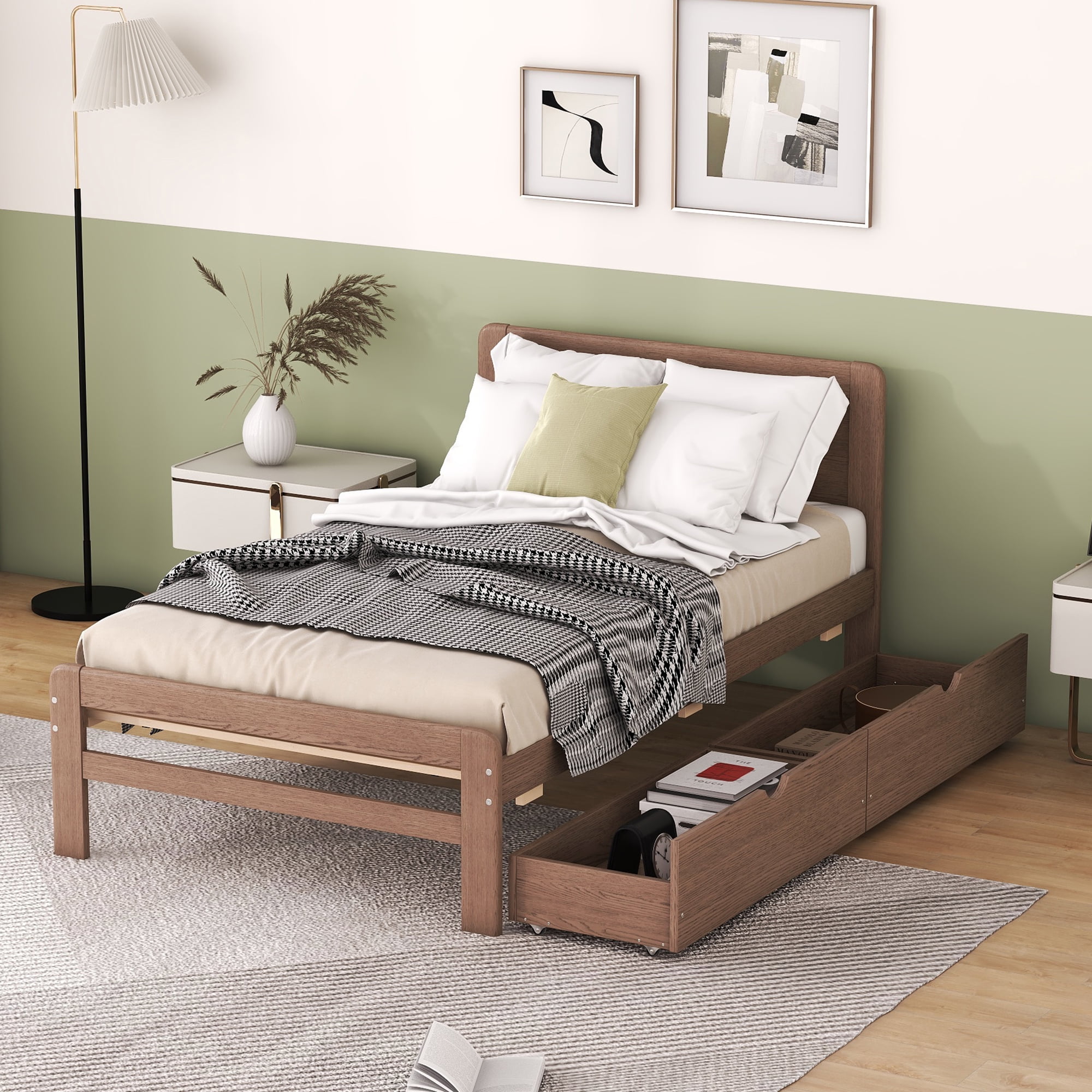 Aukfa Platform Bed with 2 Storage Drawers, Twin Bed Frame with Headboard for Kids, Wood - Walnut