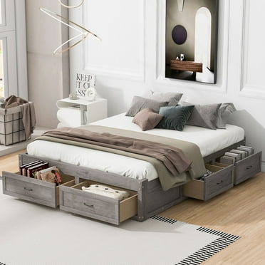 Aukfa Platform Bed with 6 Storage Drawers, Queen Size Captain Bed Frame, Farmhouse Style, Antique Gray