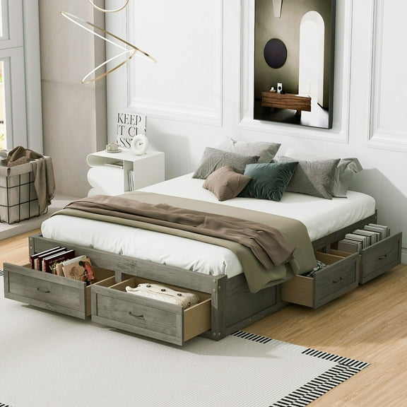 Aukfa Platform Bed with 6 Storage Drawers, Queen Size Captain Bed Frame, Farmhouse Style, Antique Gray
