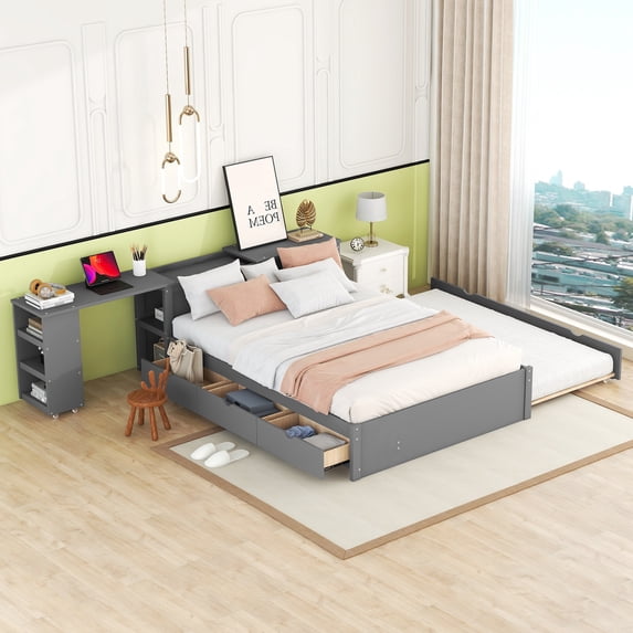 Aukfa Platform Bed with Trundle Bed and Drawers, Full Size Bed Frame with Integrated Rolling Desk and Shelf, Wood - Gray