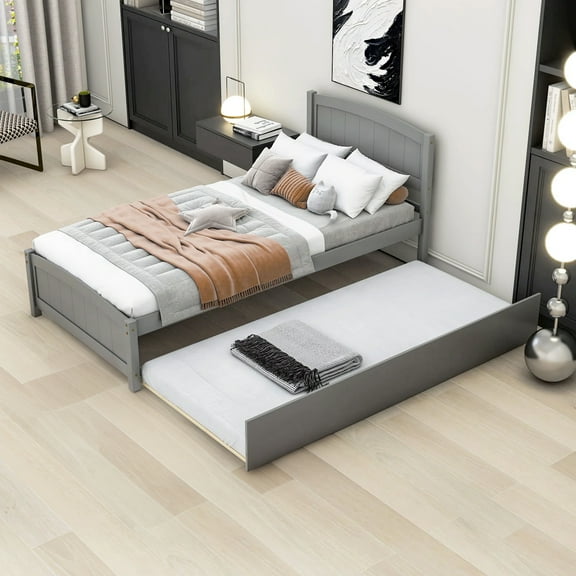 Aukfa Platform Bed with Trundle - Solid Wood Twin Size Bed Frame - Gray