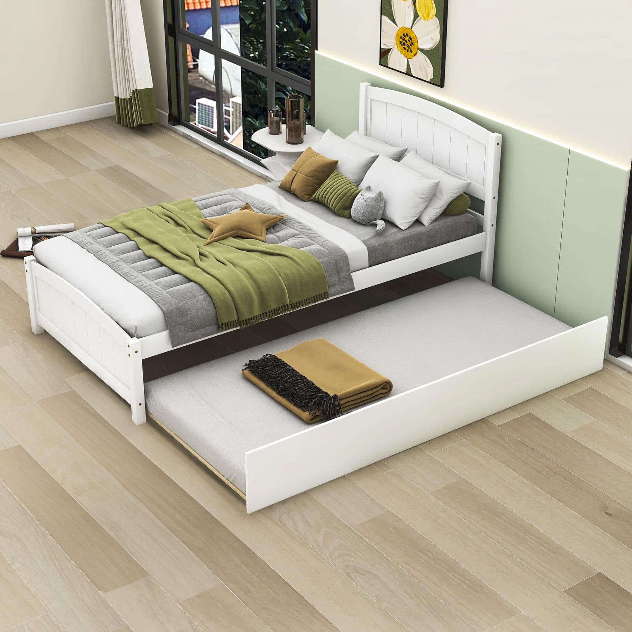 Aukfa Platform Bed with Trundle - Solid Wood Twin Size Bed Frame - White