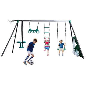 Aukfa Playground Sets for Backyards, Kids Outdoor Swing Sets Metal Playset Heavy Duty 6 in 1 Belt Swing, Climbing Ladder and Nets, Swing Glider, Trapeze Bar, Basketball Hoop Combo