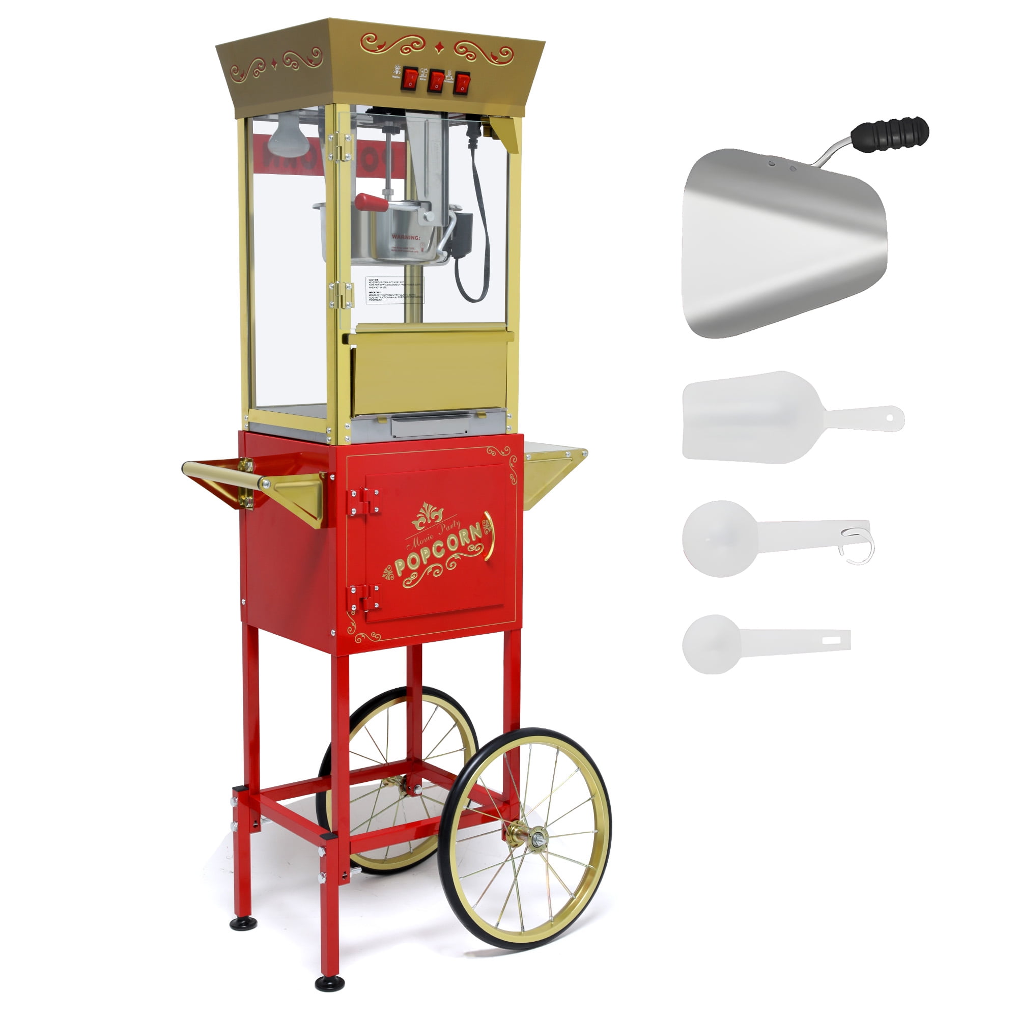 Aukfa Popcorn Machine with Cart, Popcorn Maker with 12 Oz Kettle Makes Up to 80 Cups for Commercial Home Movie Theater, Red