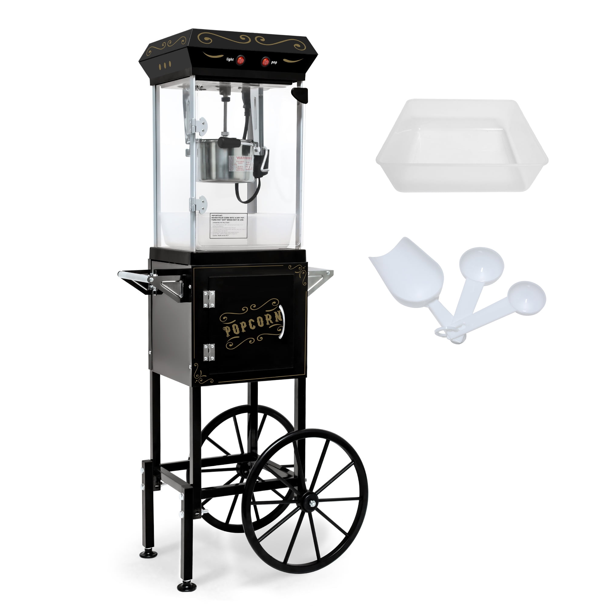 Aukfa Popcorn Machine with Cart - Vintage Popper Maker with 6oz Kettle, Oil Spoon and Scoop, Movie Theater Style, Black
