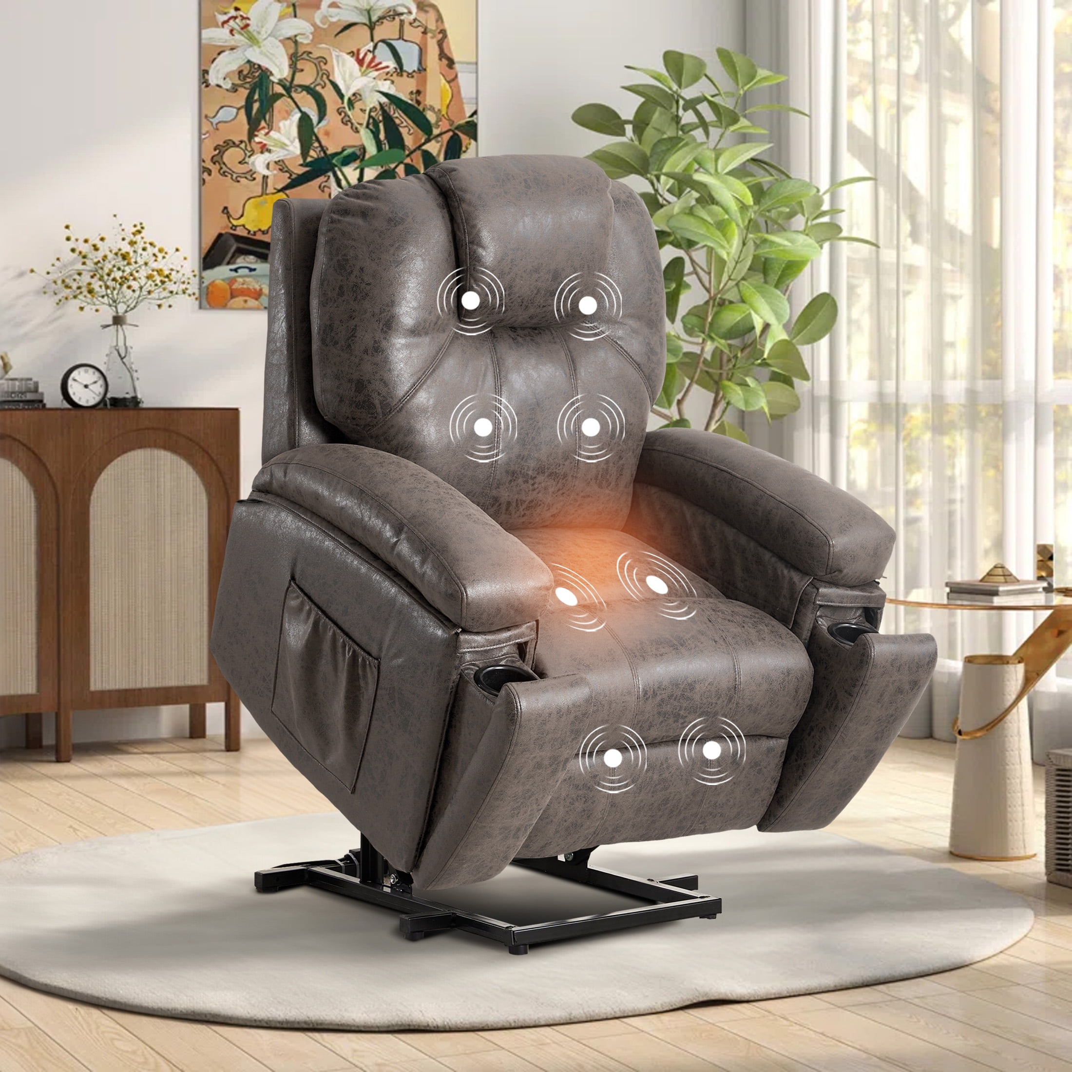 Aukfa Power Lift Recliner Chair w/ Massage & Heat for Elderly, Overstuffed Recliners,Concealed Cup Holder,Gray'