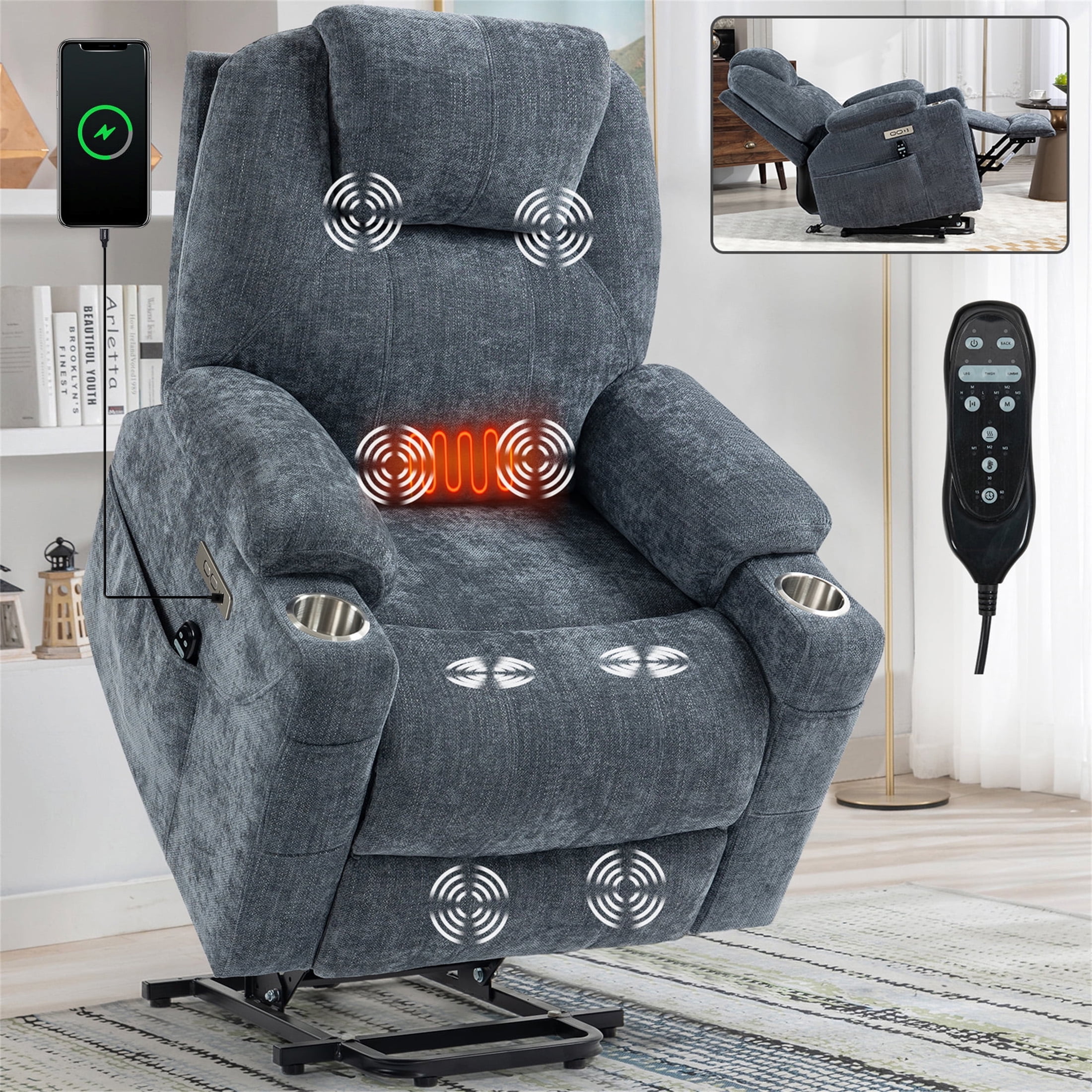 Aukfa Power Lift Recliner Chair with Massage and Heat for Elderly Adults, USB Charge Ports, 2 Cup Holders, Chenille, Blue Gray
