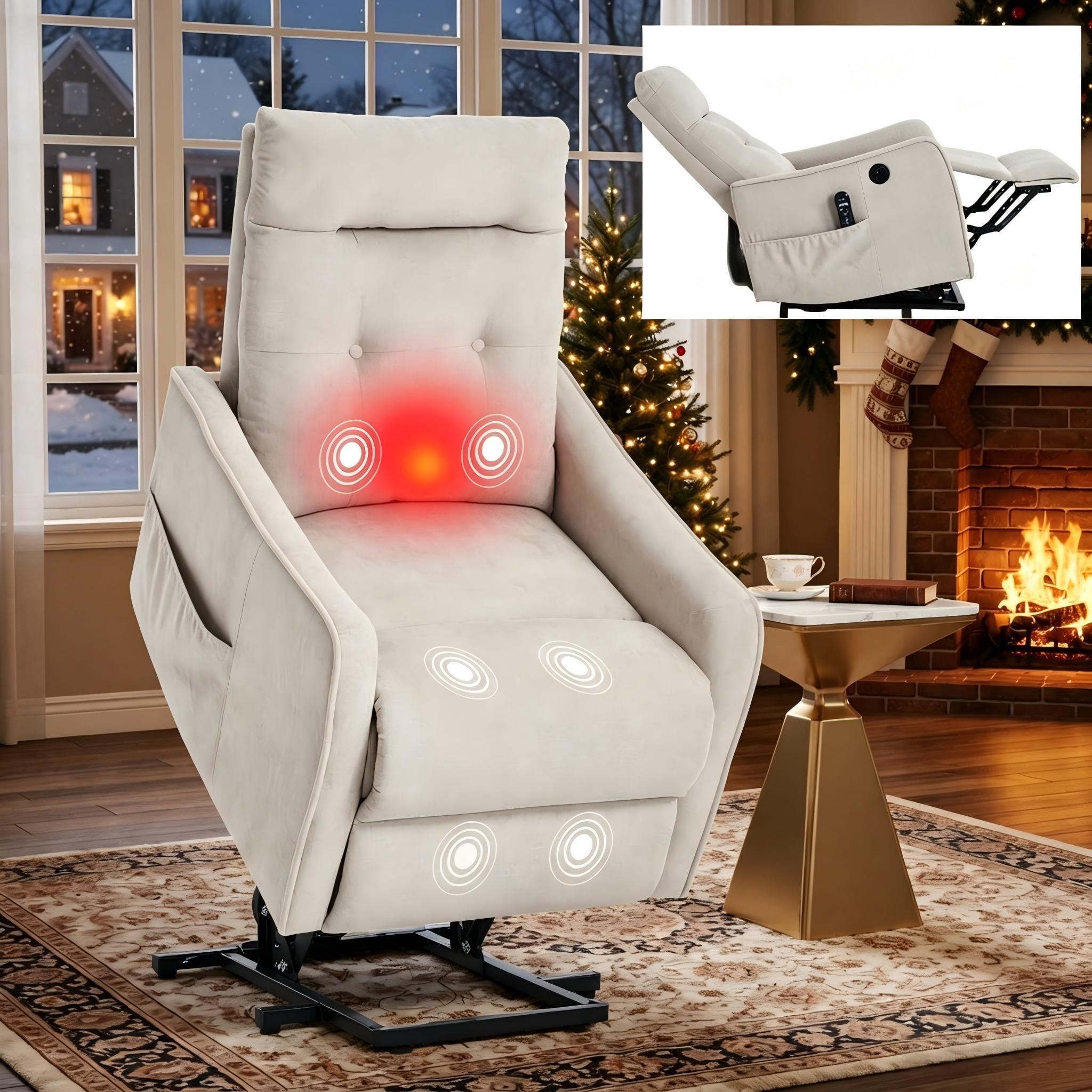 Aukfa Power Lift Recliner Chair with Massage and Heat for Elderly, Electric Chair with USB Port & Side Pocket for Living Room, Beige