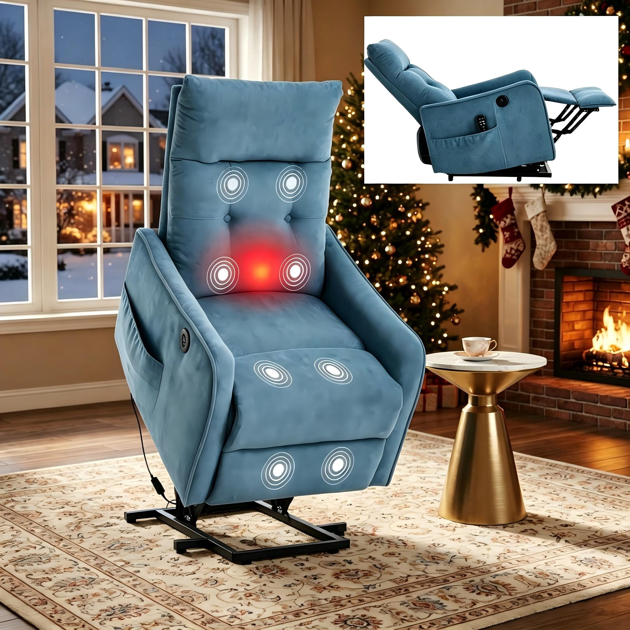 Aukfa Power Lift Recliner Chair with Massage and Heat for Elderly, Electric Chair with USB Port & Side Pocket for Living Room, Blue