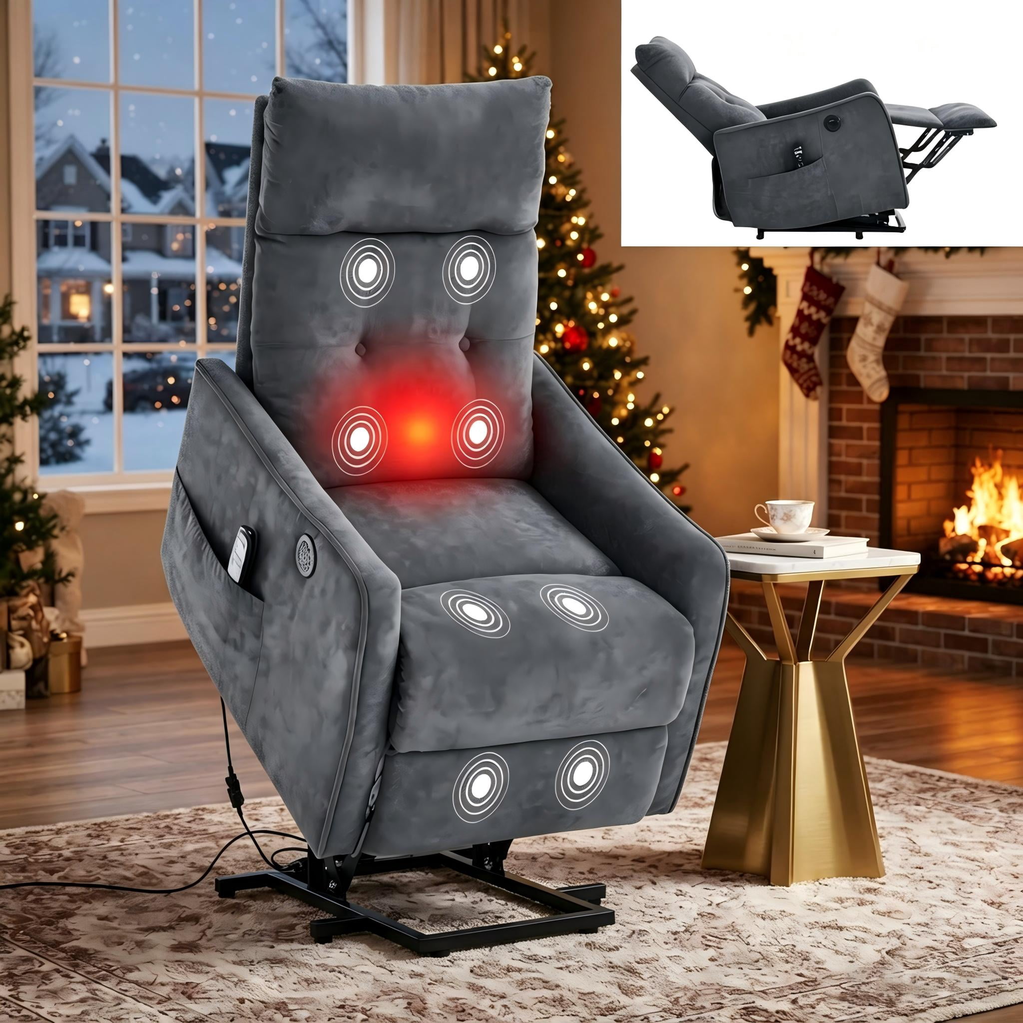Aukfa Power Lift Recliner Chair with Massage and Heat for Elderly, Electric Chair with USB Port & Side Pocket for Living Room, Dark Gray