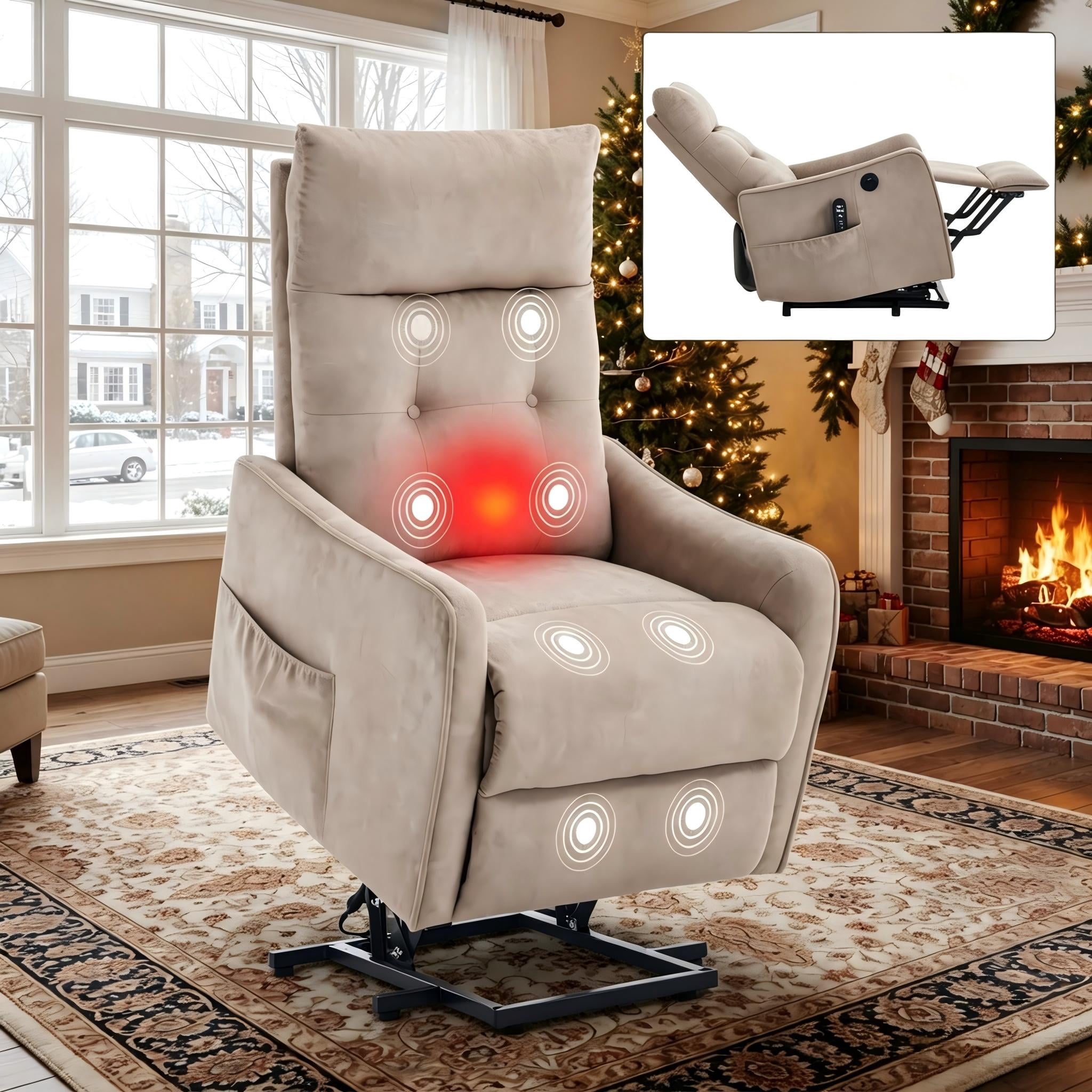 Aukfa Power Lift Recliner Chair with Massage and Heat for Elderly, Electric Chair with USB Port & Side Pocket for Living Room, Khaki